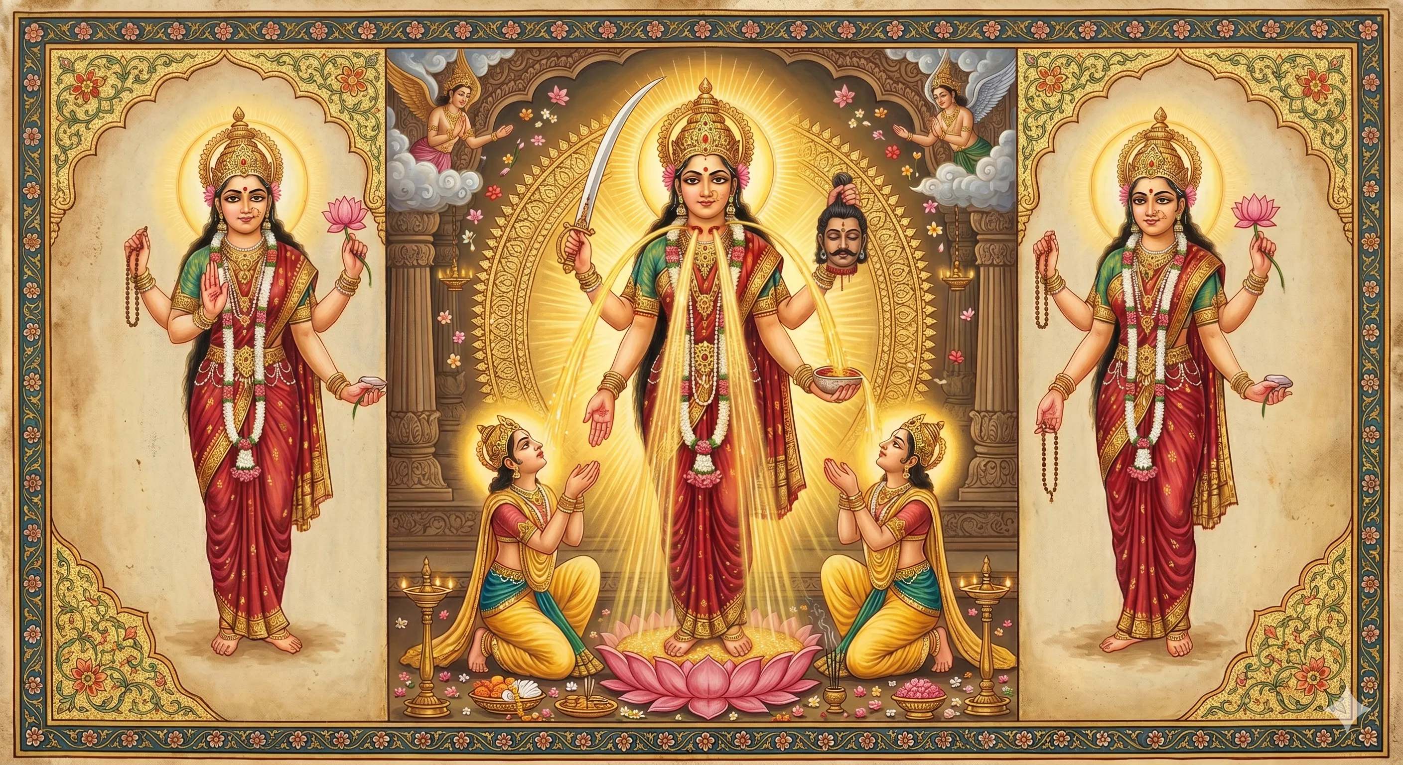 Traditional painting showing Goddess Lakshmi and Vishnu with devotees - representing the divine feminine energy of the Mahavidya tradition