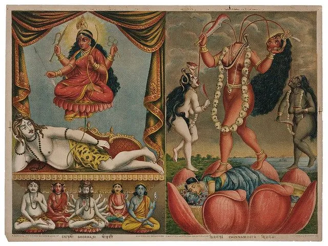 Traditional painting of Maa Chinnamasta in classical Indian devotional art style showing the divine mother in her fierce form
