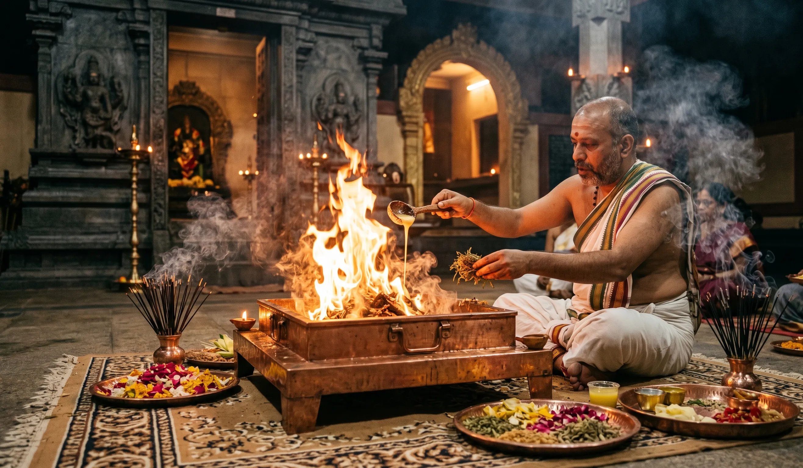 Image 10 - Priest performing havan with sacred fire in South Indian temple setting