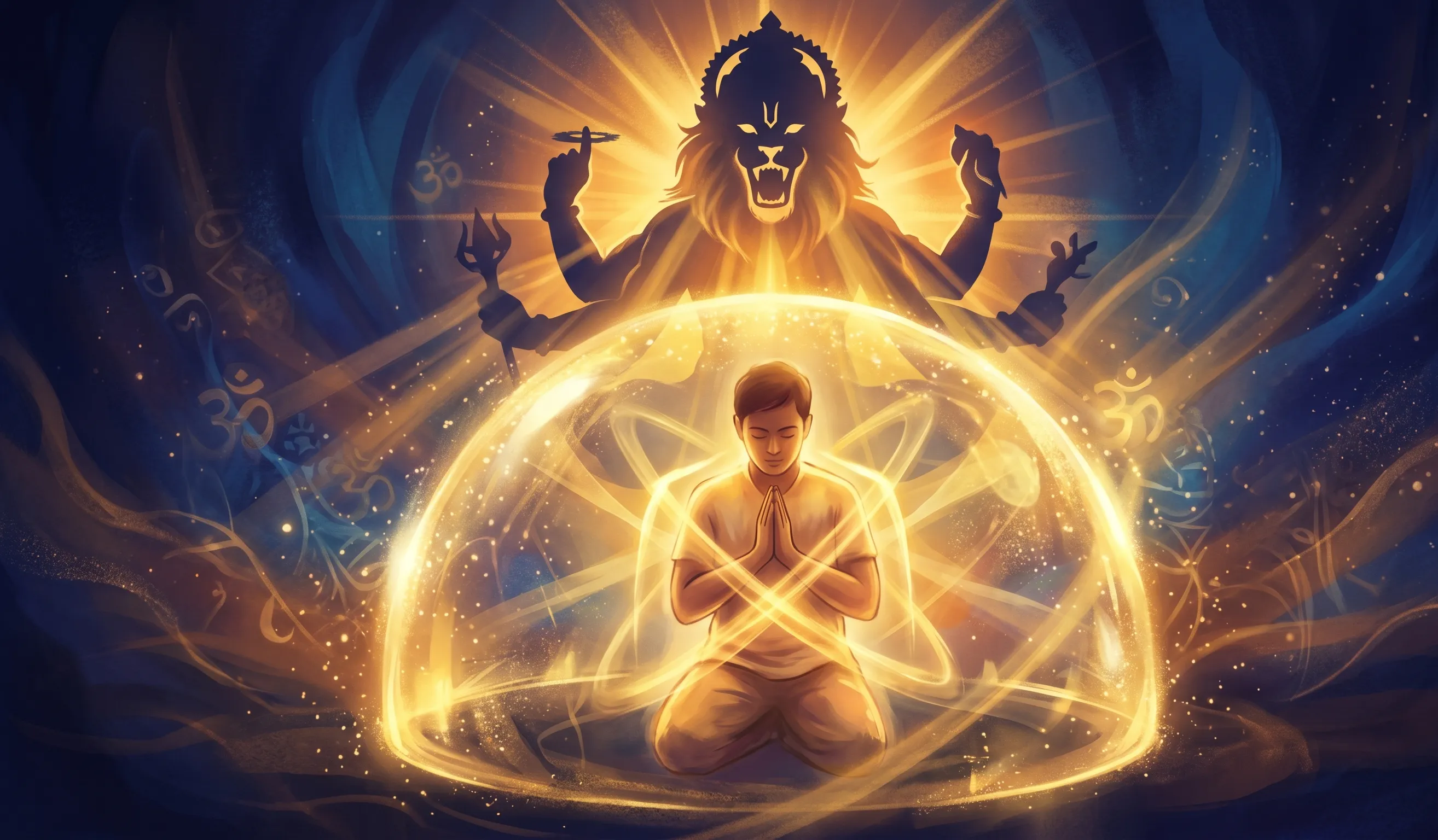 Image 11 - Devotee in divine protection bubble with Narasimha silhouette above