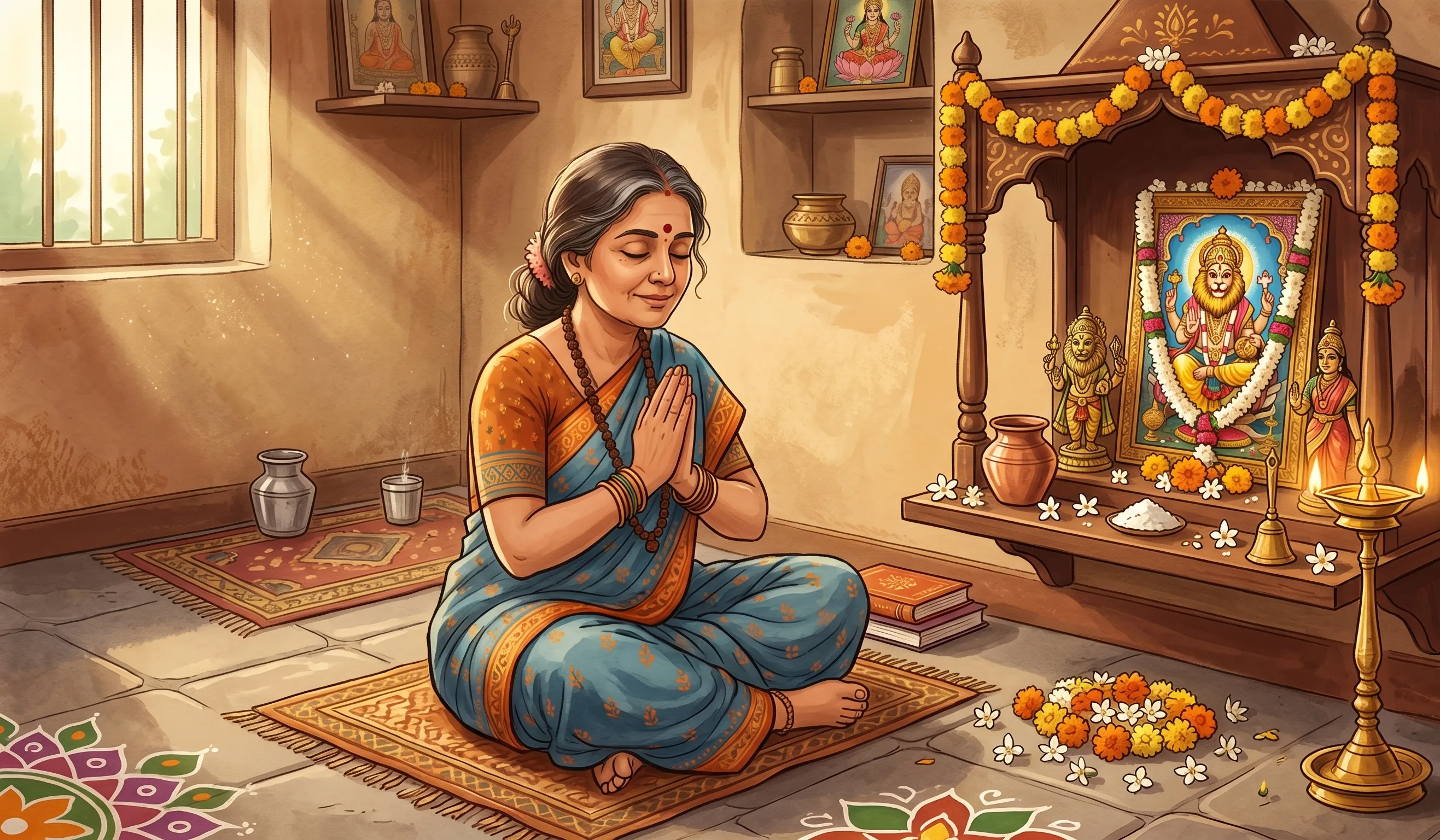 Image 2 - Woman praying at home altar with Narasimha image, lit diya, flowers