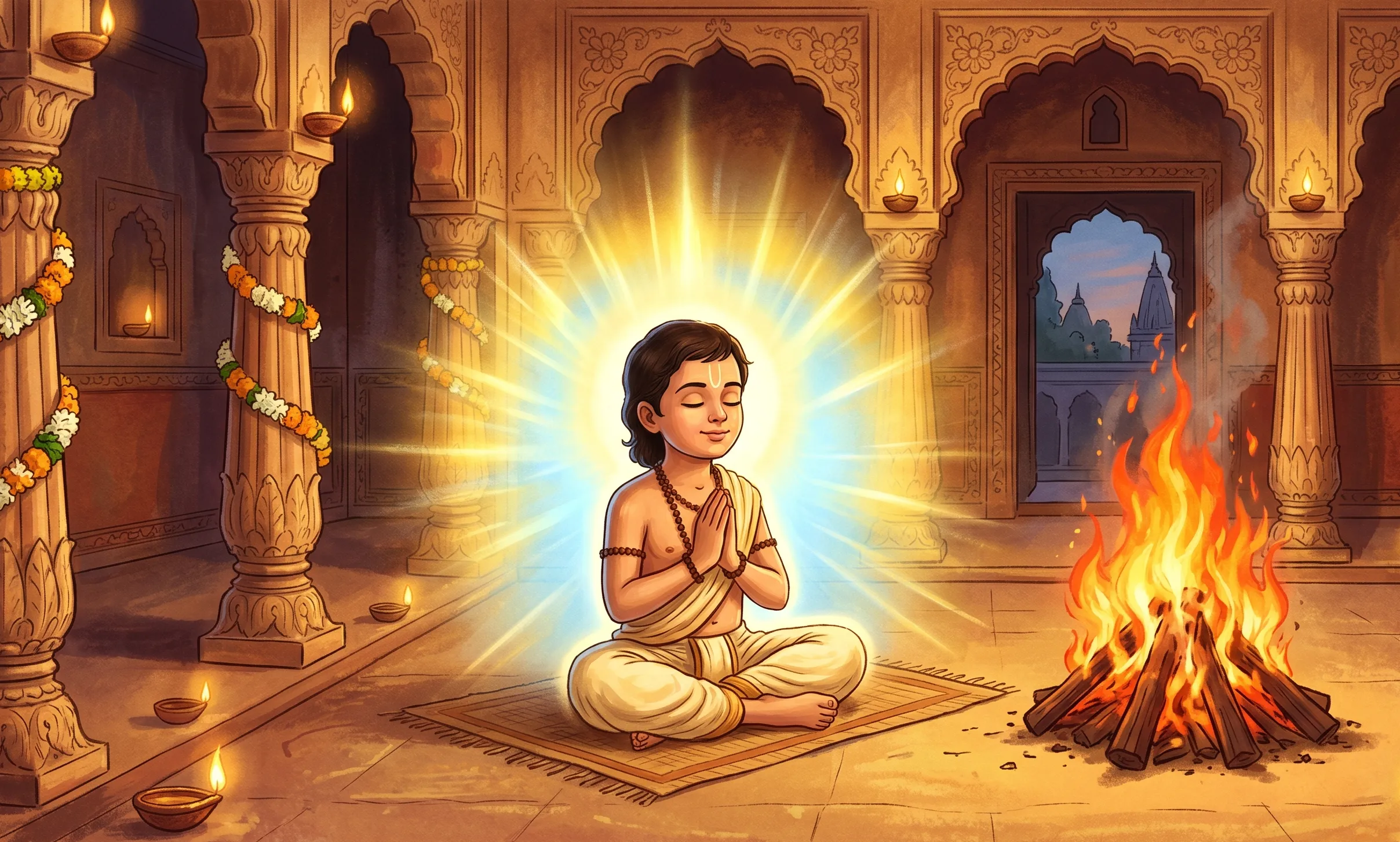 Image 4 - Young Prahlad meditating in divine light, protected near fire