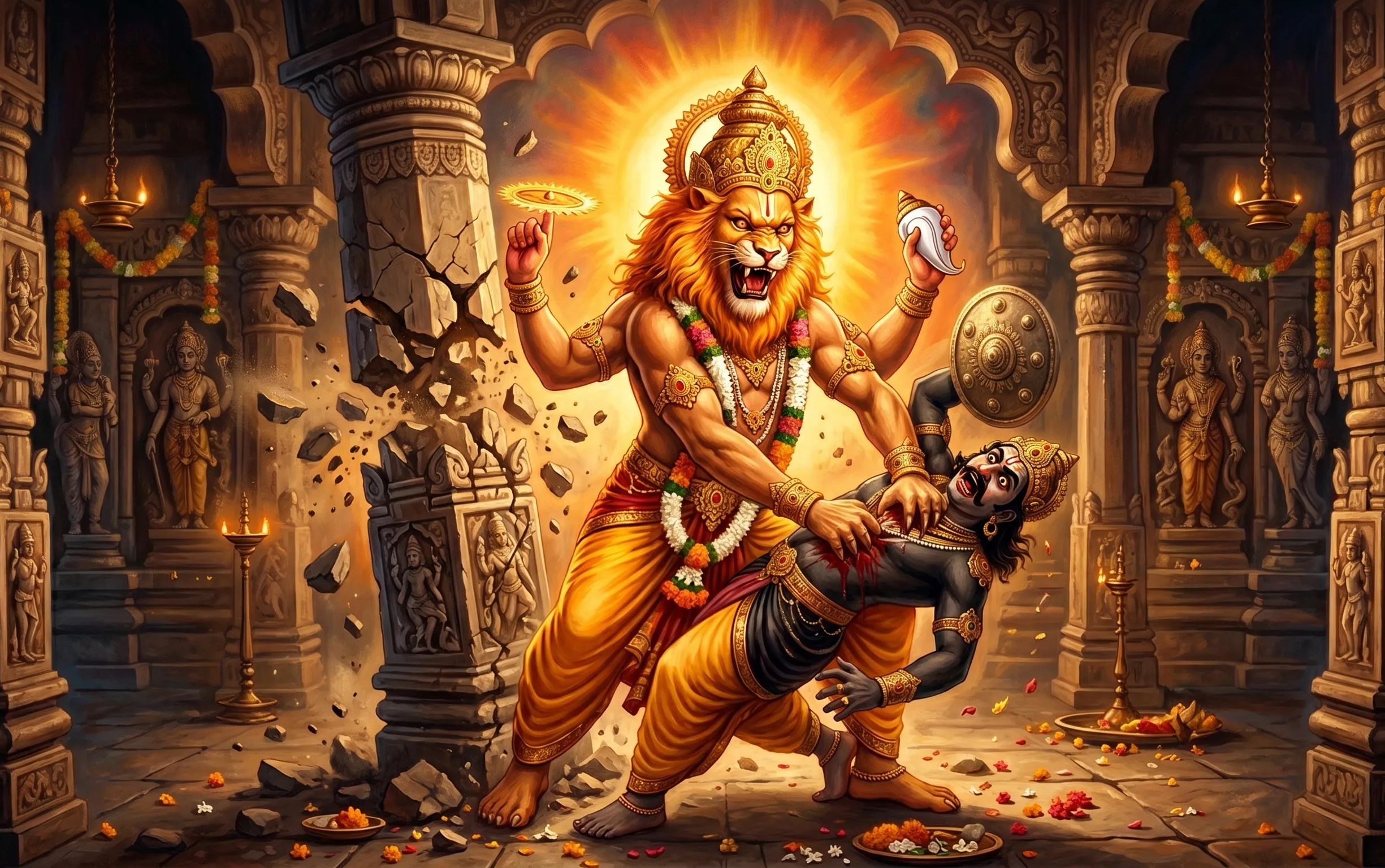 Image 9 - Lord Narasimha emerging from the broken pillar, holding Hiranyakashipu