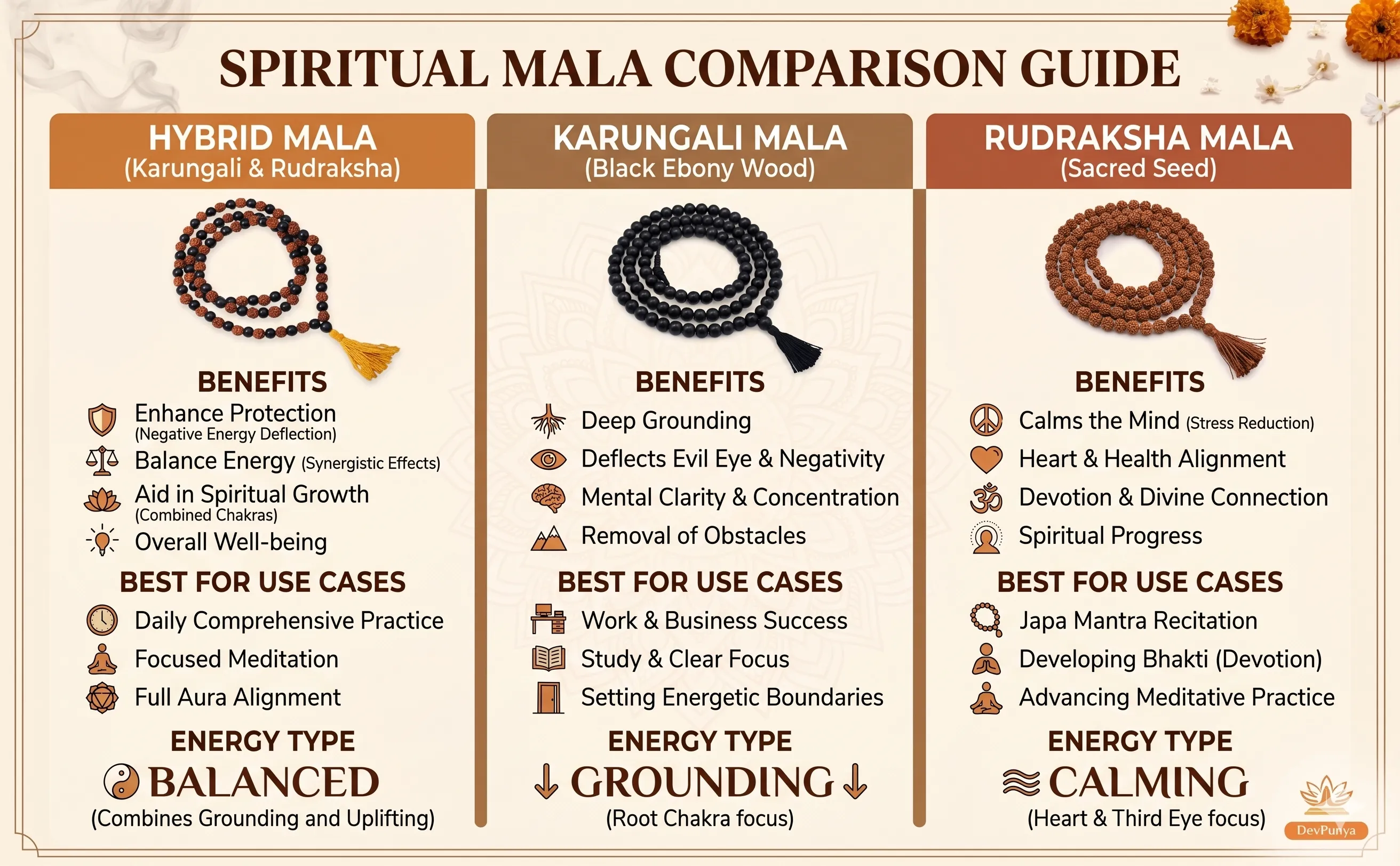 Spiritual Mala Comparison Guide - Hybrid vs Karungali vs Rudraksha