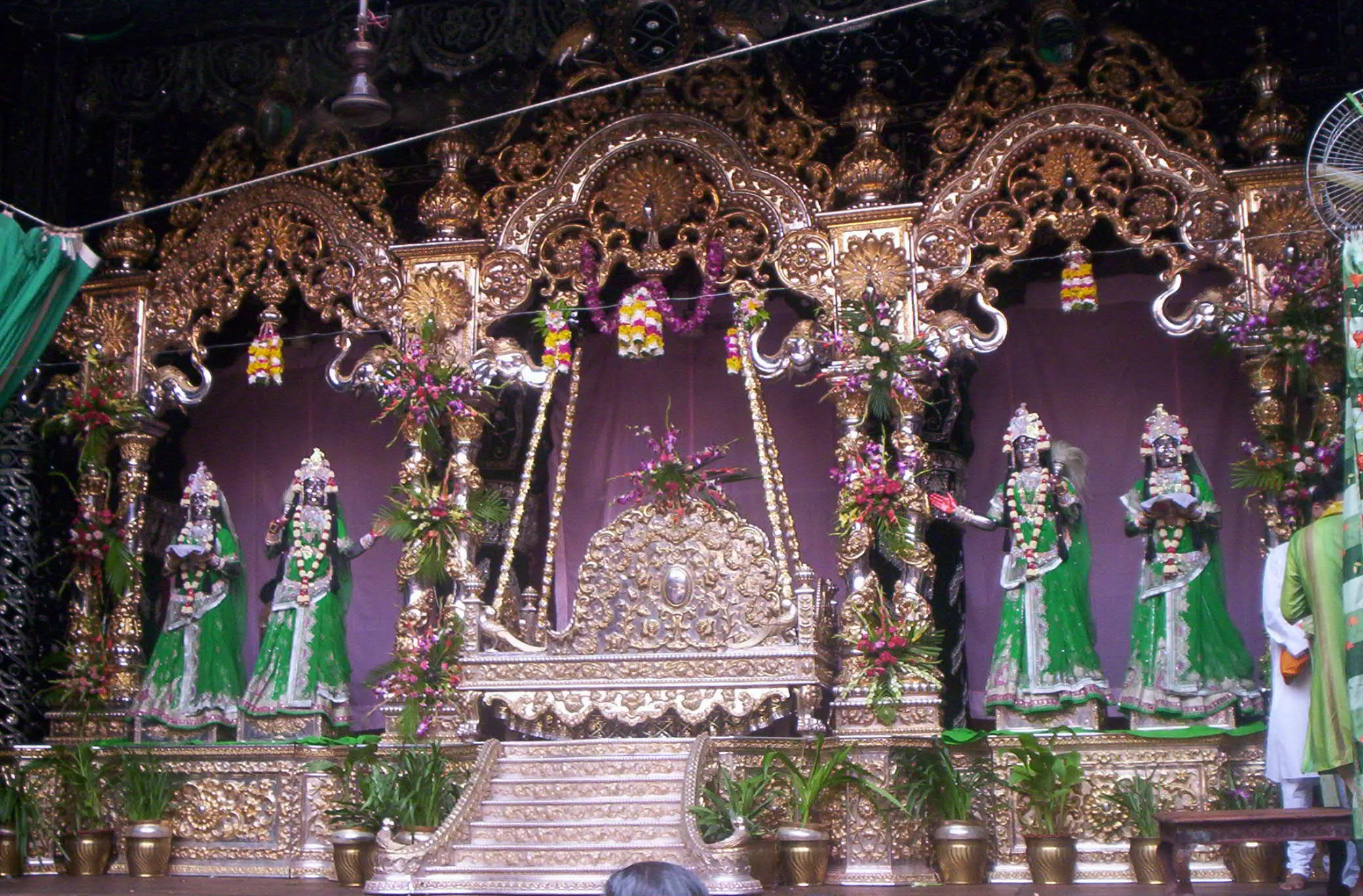 Banke Bihari Temple interior beautifully decorated with golden and green adornments