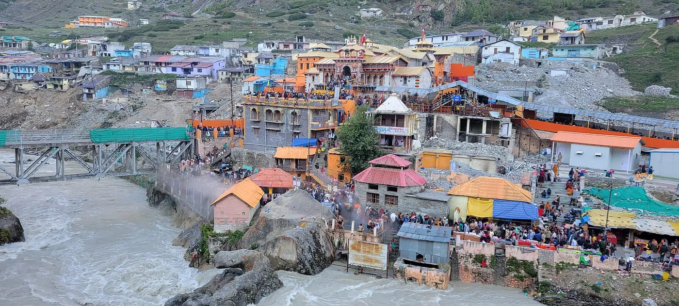 Aerial view of Badrinath Dham with the Alaknanda river — home of Brahma Kapal