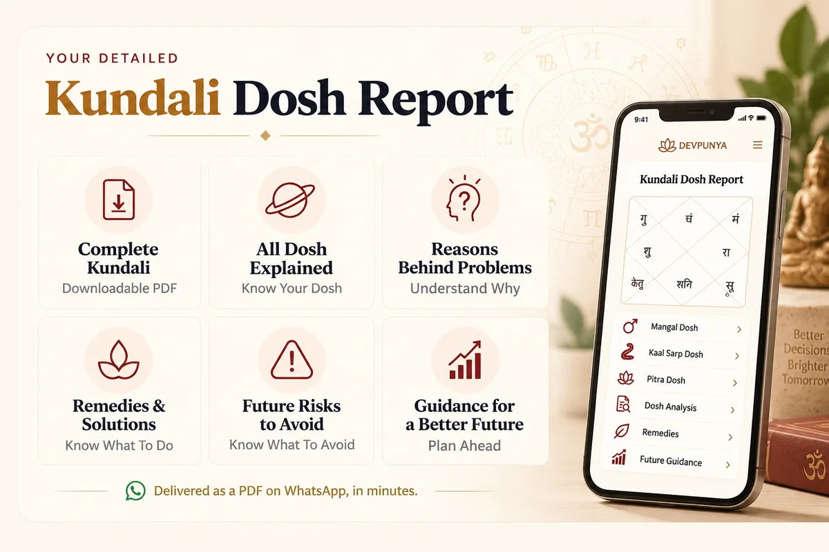 The six sections of your Kundali Dosha Report, shown in the DevPunya app