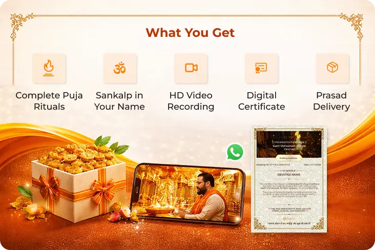 What you get: complete puja rituals, sankalp in your name, HD video recording, digital certificate and prasad delivery
